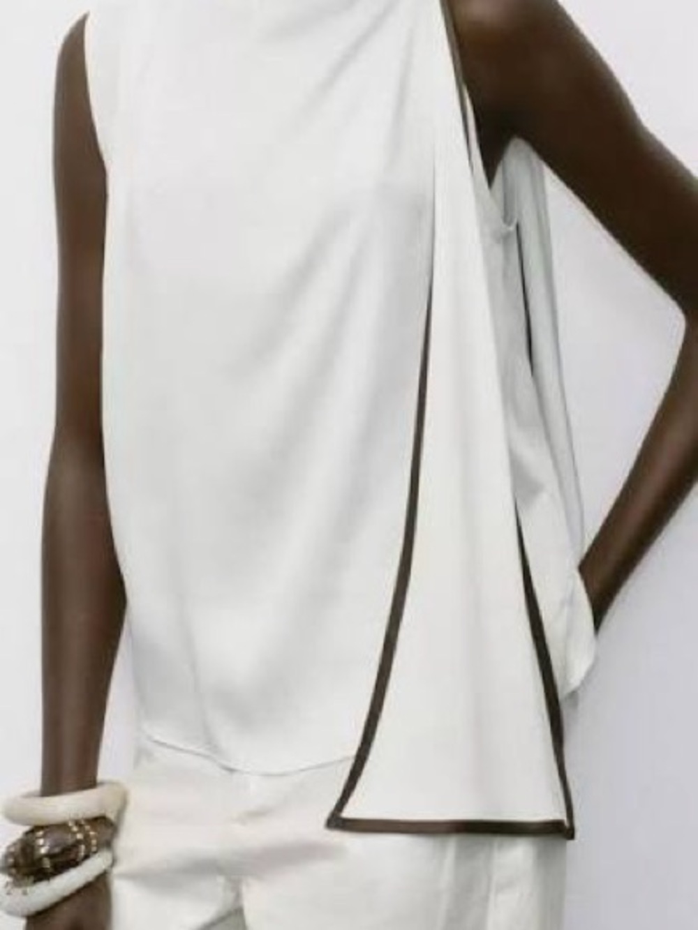 Zara White Sleeveless Draped Top with Brown Trim